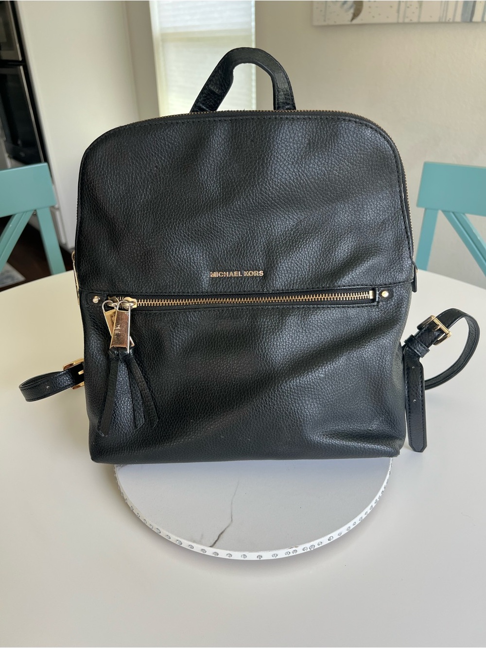 Michael Kors Black Pebbled Leather Backpack with Gold Hardware